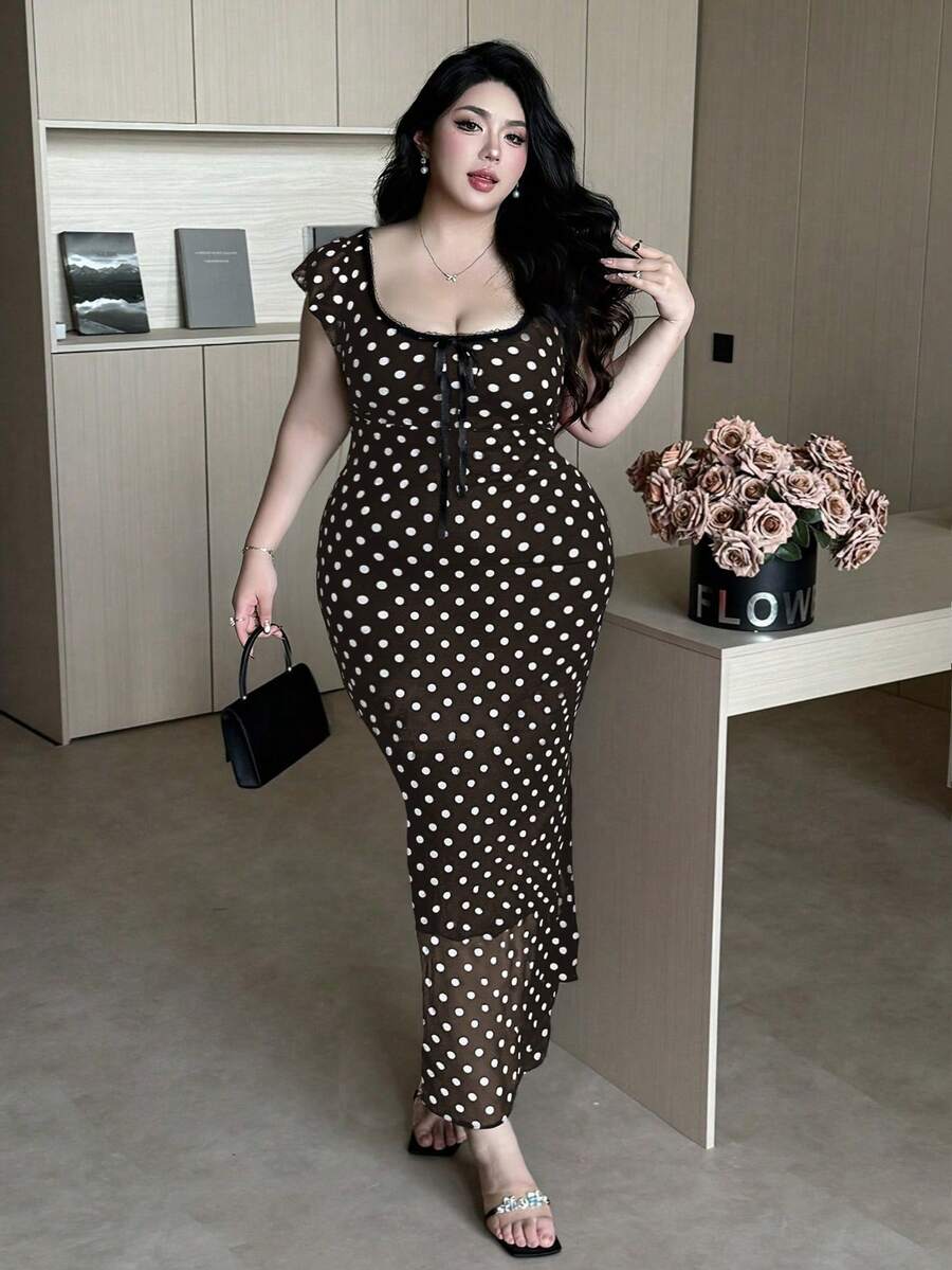 Vibekara Đầm chấm bi thanh lịch cổ vuông tay ngắn dành cho nữ cỡ lớn - màu nâu - Xem 1