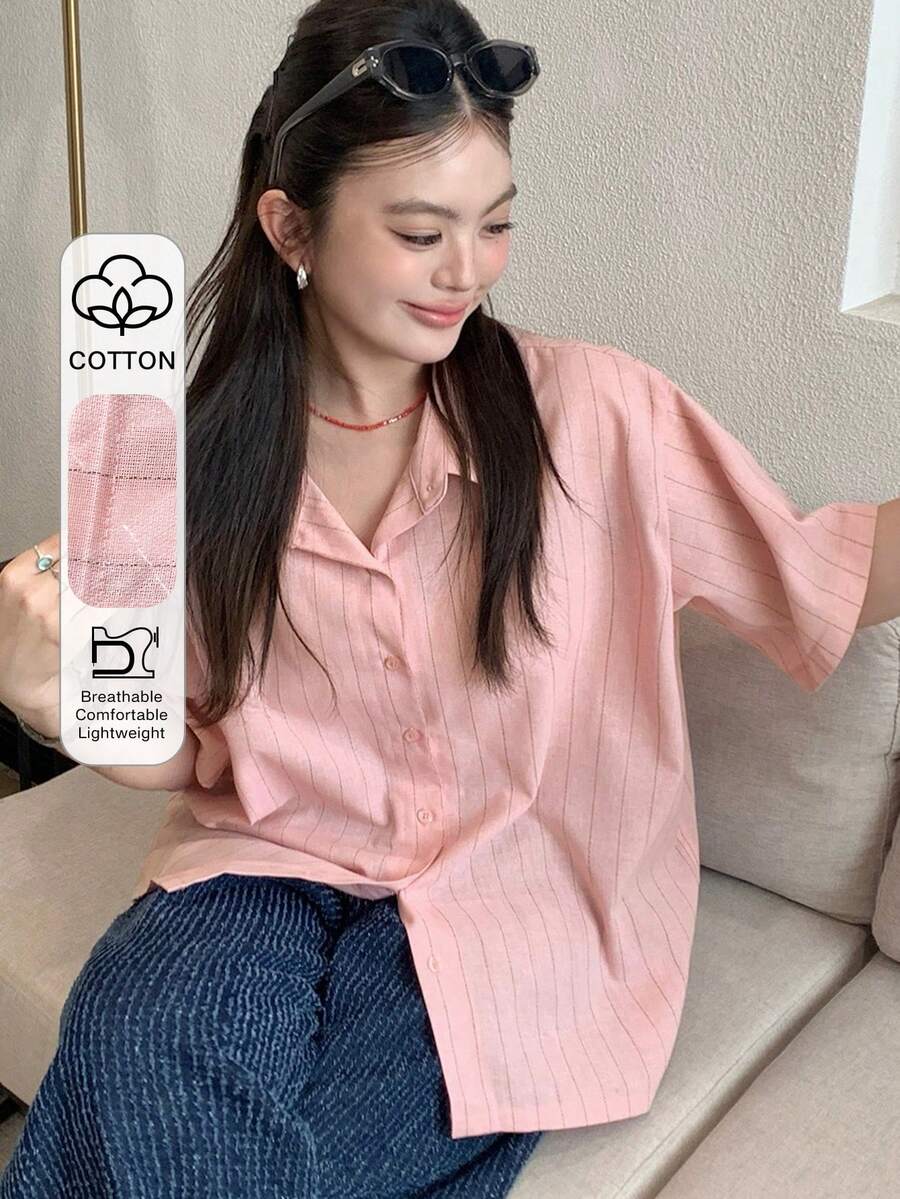 Dazy Plus Áo sơ mi đen dáng rộng, tay ngắn, kẻ sọc, kiểu dáng thường ngày. - Hồng - Xem 1