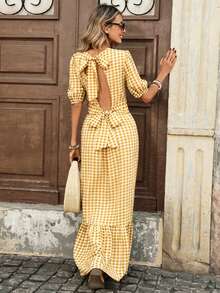 Pariaura Vestido midi con espalda abierta, lazo en la cintura y mangas abultadas con estampado de cuadros retro francés para mujer - Perfecto para vacaciones y oficina - Amarillo - Ver 5