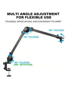 Black Foldable Desktop Single Arm Ring Light Microphone Stand Combo 2 In 1 Adjustable Height Mic Boom Arm For Phone Live Streaming Gaming Podcast Video Recording Supplies - Black - View 2