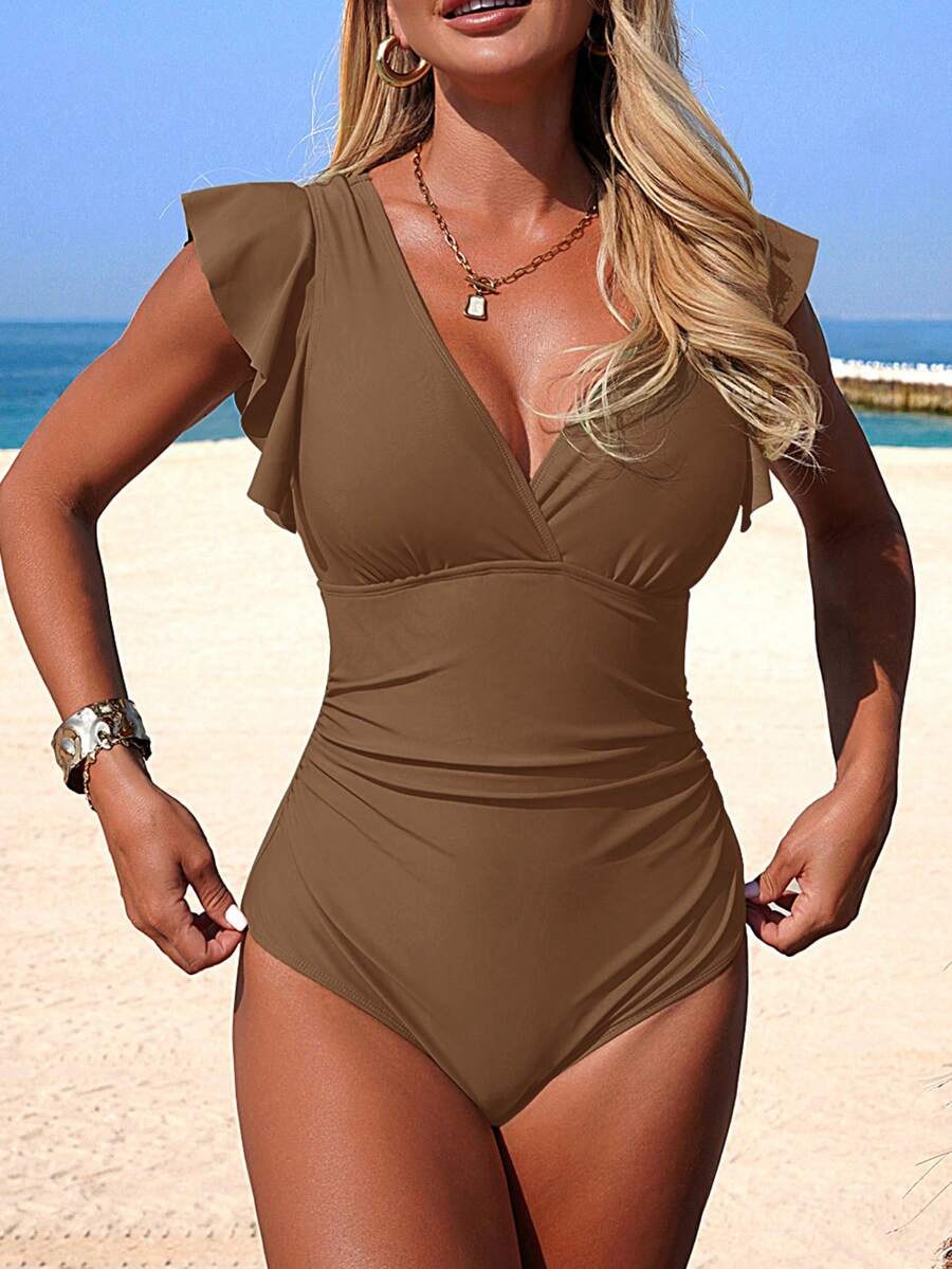 Swim Lushoire Women's Ruffled V-Neck Crossover One-Piece Swimsuit - Brown - View 1