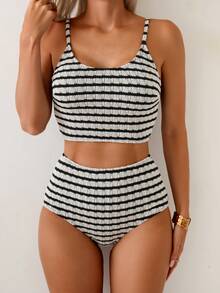 Swim Basics 2 件套女士纹理比基尼套装，色彩缤纷的休闲度假沙滩装 - 黑與白 - 查看 1