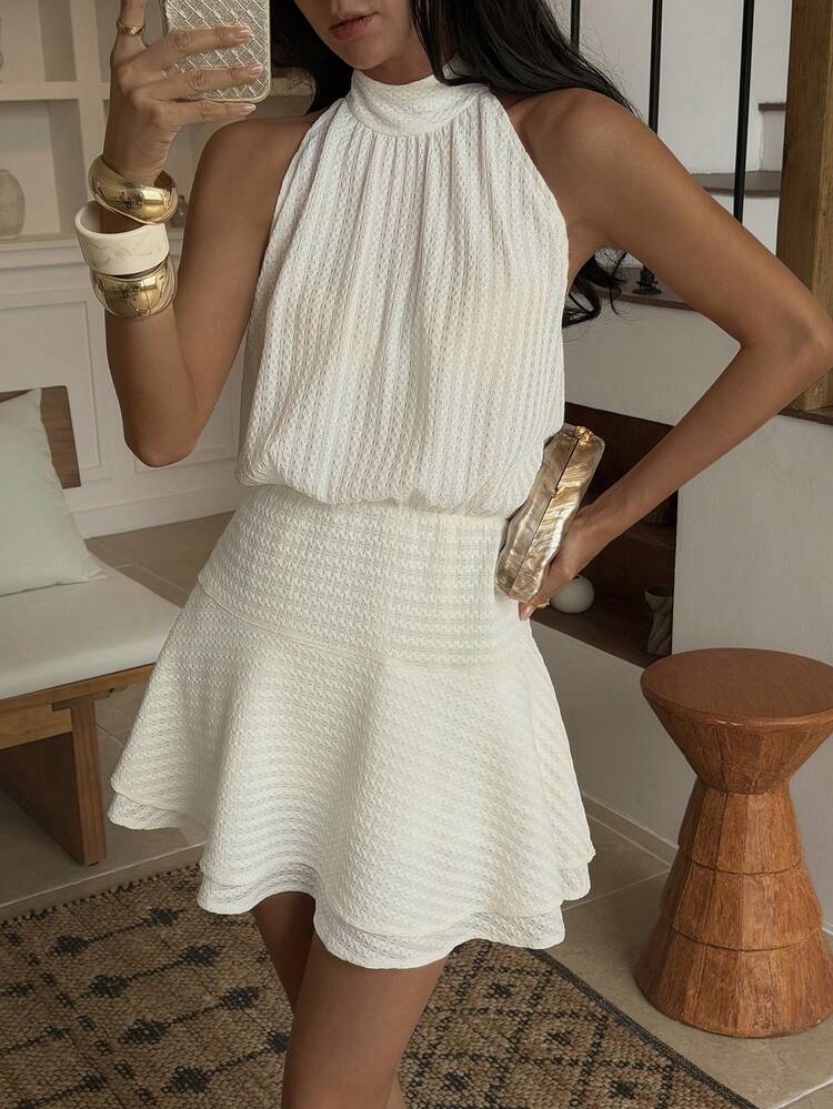 Women's White Ruffled Halter Swing Dress, Waist Cinched, Casual Spring/Summer Mini Dress