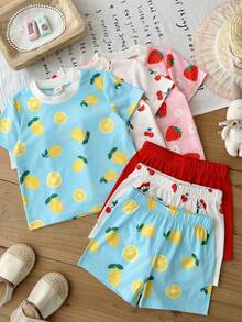SHEIN 6件套女婴T恤短裤套装，可爱水果印花休闲户外夏季服装，适合0-3岁新生儿 - 彩色 - 查看 7