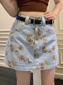 DAZY Chân váy denim ngắn dáng rộng, thoải mái, in họa tiết toàn thân, dành cho nữ, mùa xuân và hè. - Màu xanh lam - Xem 3