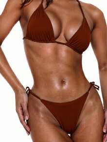 Oceva Solid Color Sexy Strap Bikini Swimwear Set For Women, Beach Wear - Rust Brown - View 4