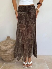 Aloruh 女士时尚波西米亚风佩斯利印花长裙 - 卡其色 - 查看 5