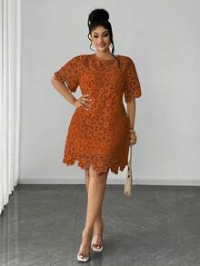Maweii Đầm tay ngắn cổ tròn khoét rỗng, màu trơn, cỡ lớn - trái cam - Xem 5