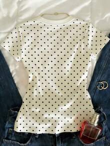 SHEIN Women's Polka Dot Print V-Neck Fitted Short Sleeve T-Shirt - Multicolor - View 2
