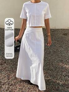 Spring & Summer White Cropped Top And A-Line Mini Skirt Set, Casual Vacation Beach Style, Elegant For Commute, Suitable For Valentine's Day, Wedding Lounge Sets For Women - White - View 1