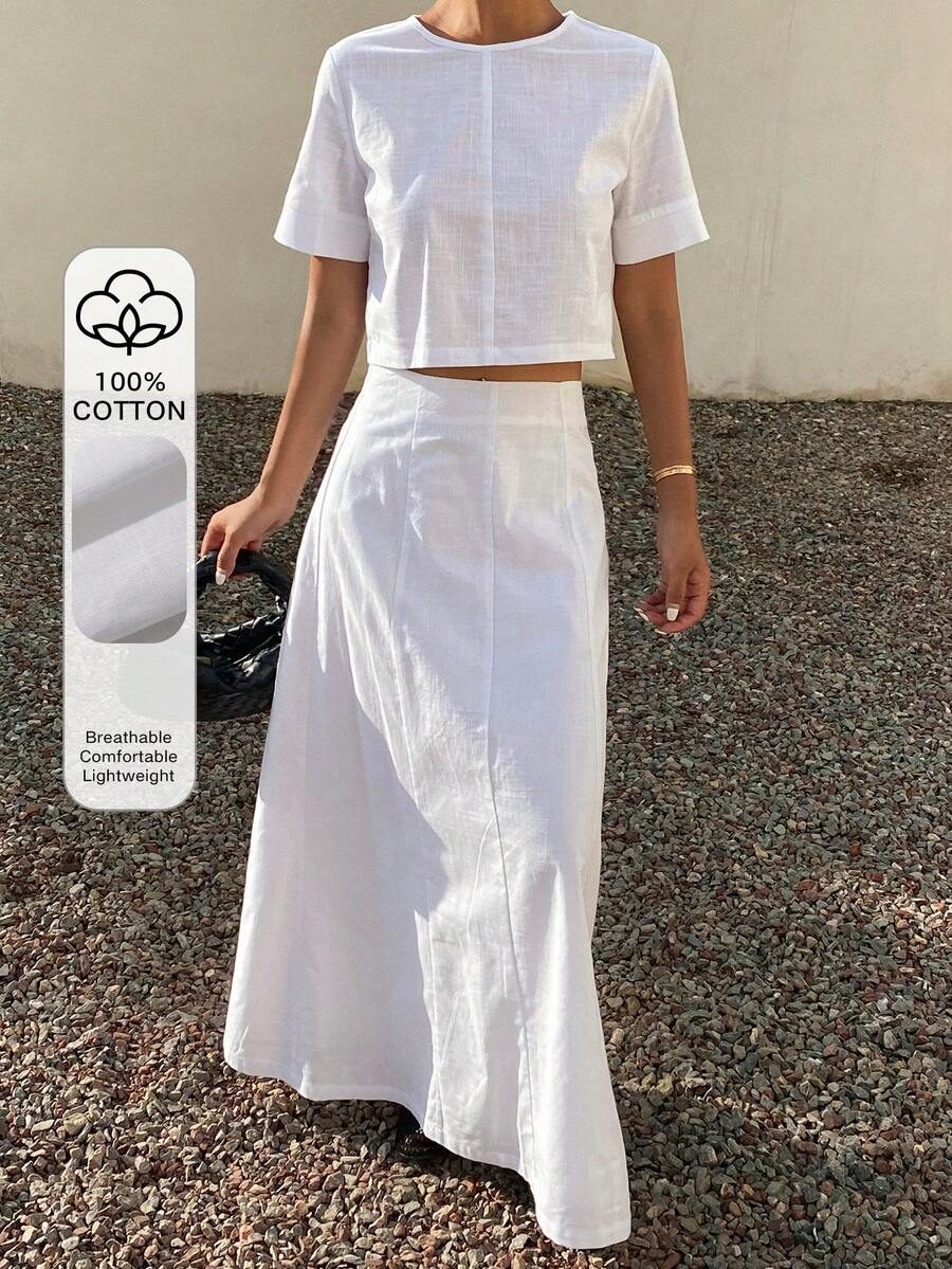 Spring & Summer White Cropped Top And A-Line Mini Skirt Set, Casual Vacation Beach Style, Elegant For Commute, Suitable For Valentine's Day, Wedding Lounge Sets For Women - White - View 1