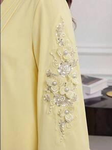 Al Najma Beaded Collar Floral Decor Contrast Trim Notched Neck Long Sleeve Dress - Yellow - View 4