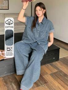 Dazy Plus 2pcs/Set Casual Lace Patchwork Korean Style Denim Shirt And Loose Denim Shorts, Spring/Summer Plus Size Women Denim Set - Light Wash - View 1