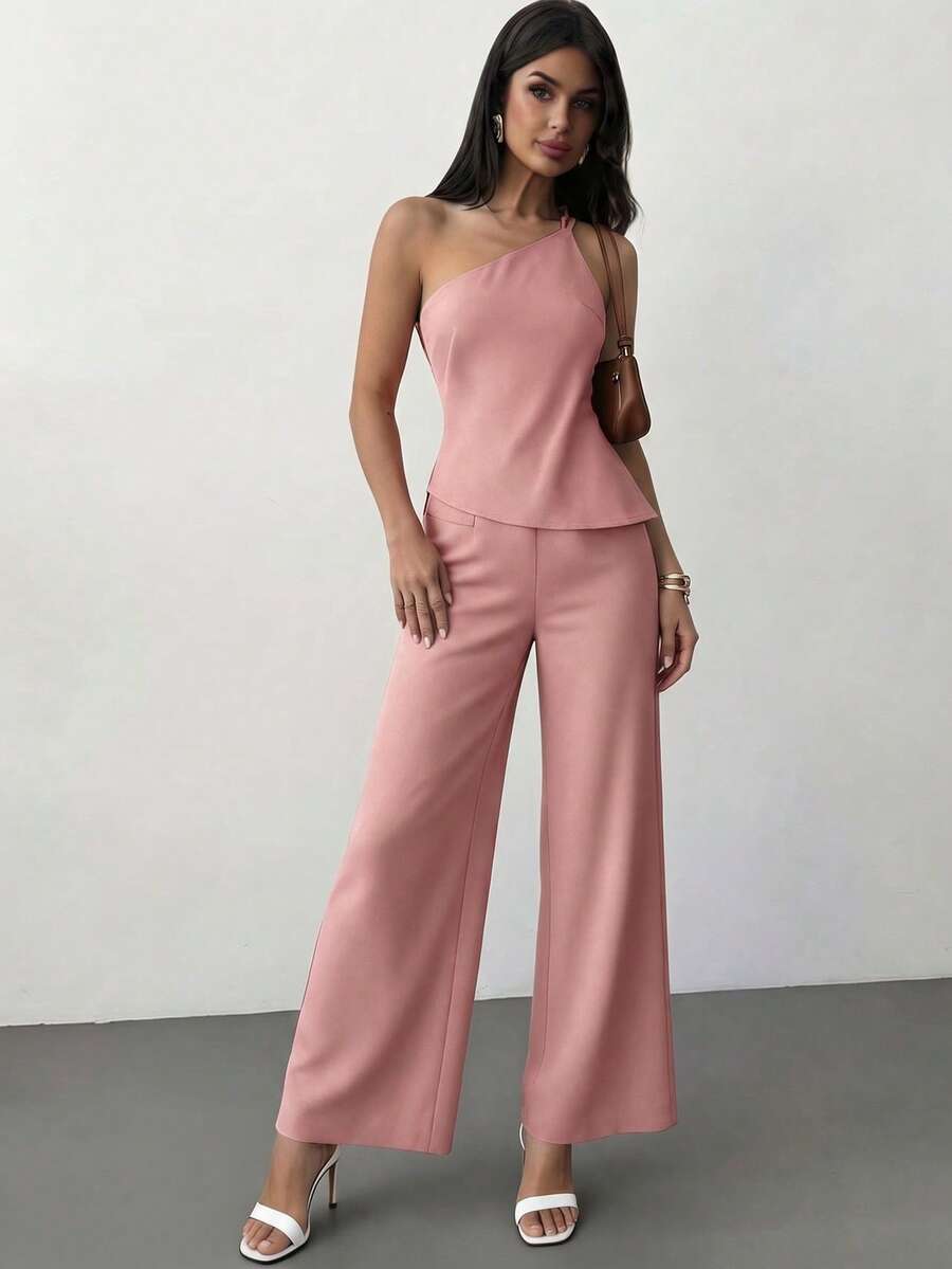 新款春夏优雅杏色亚麻不对称下摆褶皱腰部露背休闲上衣 - 粉色 - 查看 1