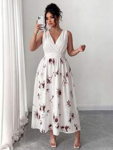 V-Neck Sleeveless Belted Midi Dress, Suitable For Work And Vacation - Multicolor - View 6