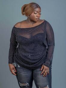 CurvyTilda Plus Size Women's Sheer Mesh Loose Casual Blouse, For Hourglass Body Shape - Black - View 5