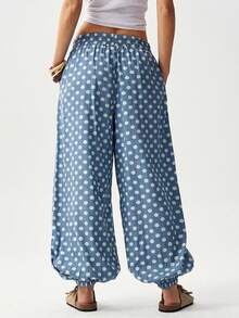 Bohemela Casual Woven Polka Dot Pattern Drawstring Loose Women Pants Beach Blue Autumn - Light Wash - View 6