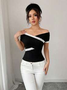 Elenzga Lace Patchwork Criss-Cross Off-Shoulder Blouse, Summer Lesbian Latest Tops For Women New Arrivals Blouses For Women New T Shirt Tops For Women Business Casual Women Tops - Black and White - View 7