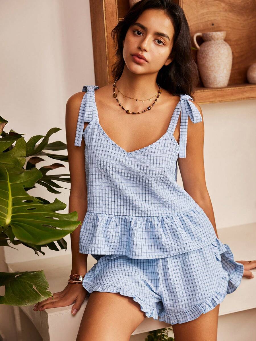 Bohemian Style Casual Comfortable Plaid Print Bow Tie Strap Design Ruffle Trim Women Pajama Set - Blue - View 1