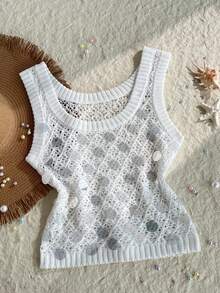Women's White Knit Vest, Fashionable Sexy Sheer Sparkling Sequin Summer - White - View 1
