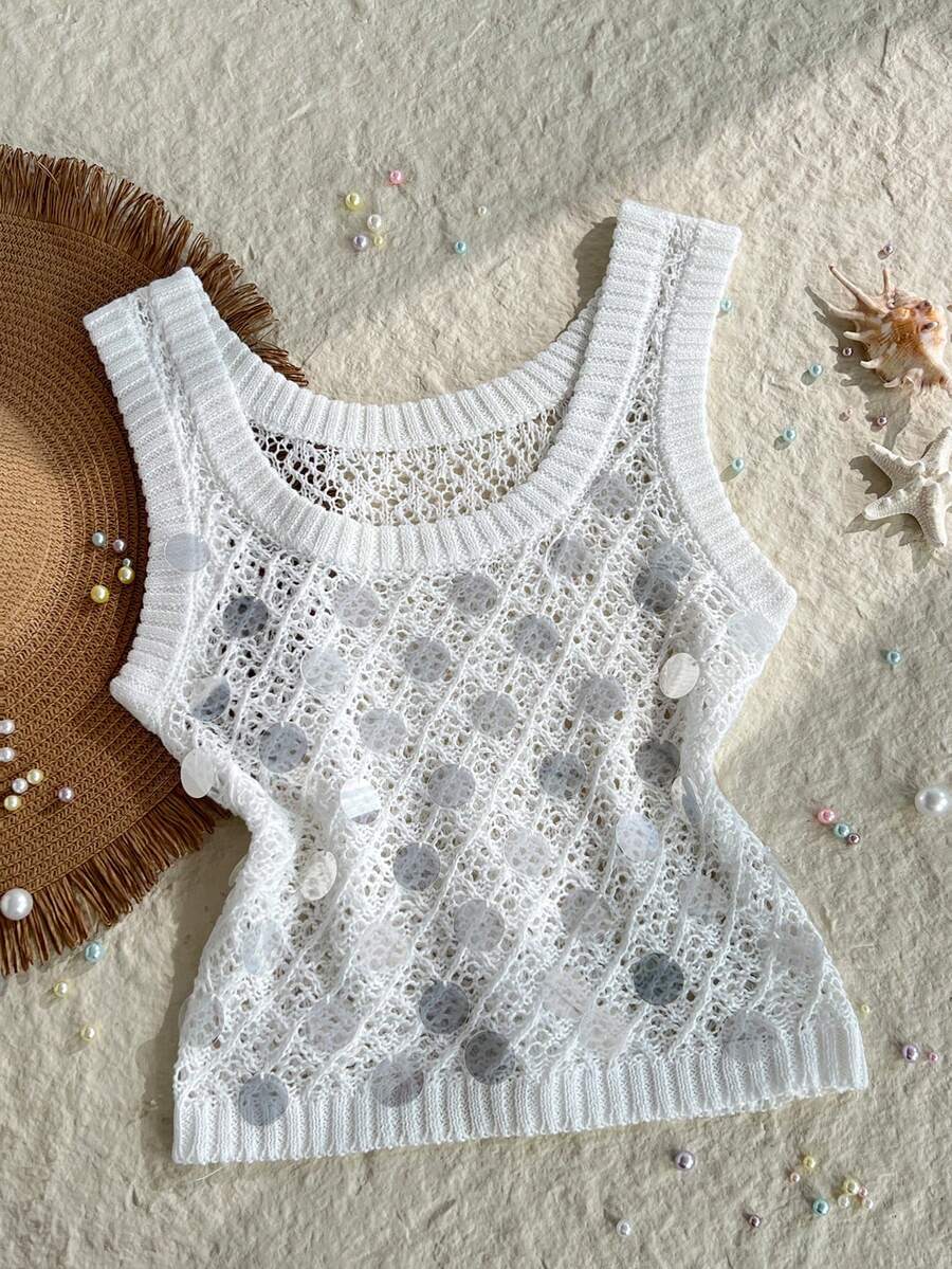 Women's White Knit Vest, Fashionable Sexy Sheer Sparkling Sequin Summer - White - View 1