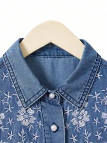 Đầm denim nữ không tay, cài cúc phía trước, họa tiết hoa, phong cách thường ngày. - Màu xanh lam - Xem 6