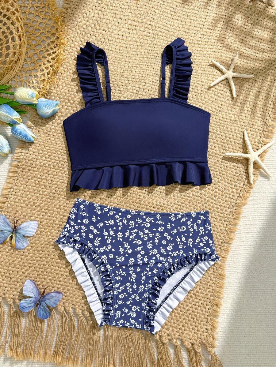 SHEIN Tween Girl Summer Navy Blue Ditsy Floral 2-Piece Swimwear, With Ruffled Shoulder Straps, Chest Band, And Leg Openings, Fashionable Resort Style, Suitable For Summer Beach, Swimming, Hot Spring - Navy Blue - View 1