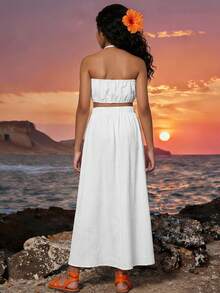 Sparklyn Vestido de verano para niñas preadolescentes de unicolor con textura, escote halter y recortes - Blanco - Ver 2