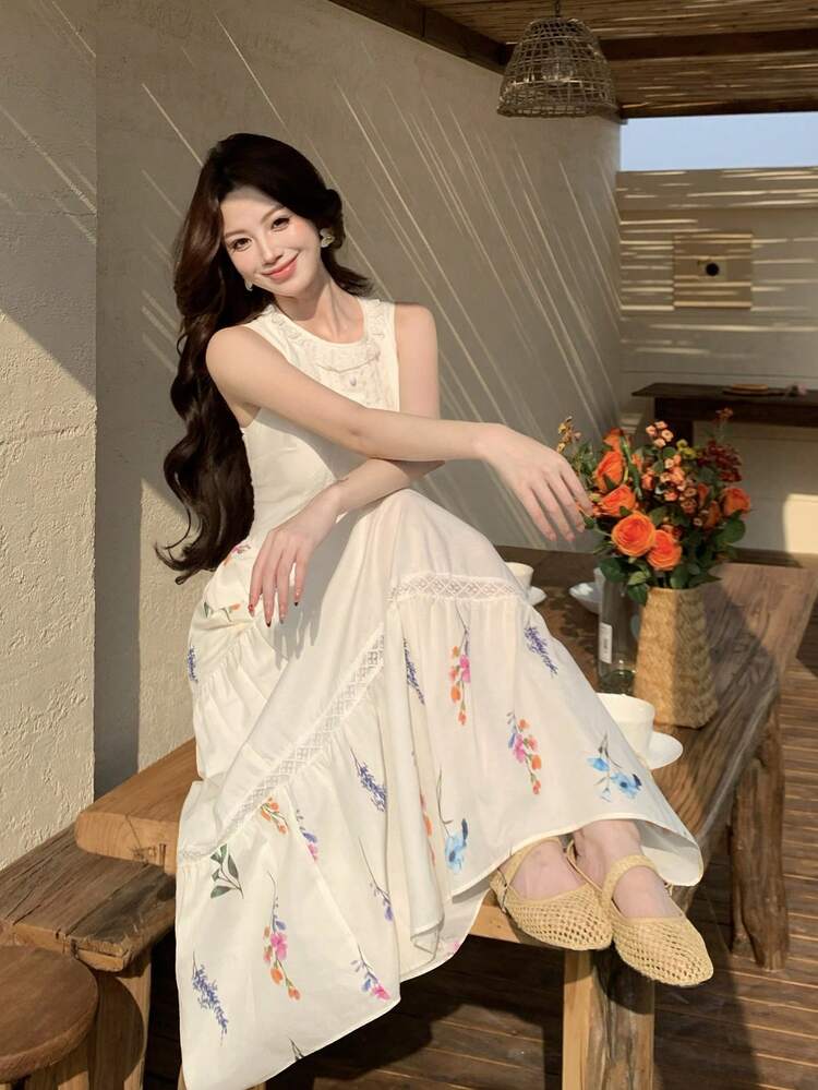 Spring & Summer White Floral Print & Embroidery Sleeveless Midi Dress, Sweet For Valentine's Day, Wedding, Party, Fashion Event, Elegant For Vacation & Commute