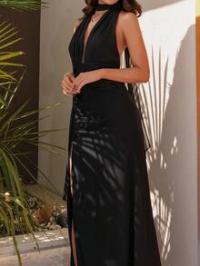 Bris Aura 女士深V领露背吊带雪纺连衣裙，完美适用于婚礼、派对和春夏假日派对。 - 黑色 - 查看 5