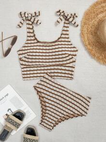 Swim Lushoire Conjunto de top de tanque de cuello redondo sólido con rayas y estampado con lazos en la parte posterior y Bottom de bikini triangular sólido para las vacaciones en la playa de verano - Multicolor - Ver 3