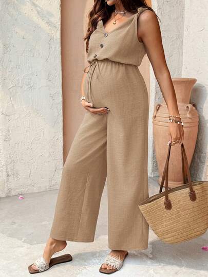 SHEIN Bộ áo liền quần bầu không tay, màu trơn, thiết kế cài nút, thắt eo.
