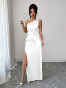 Selianne Đầm dạ hội maxi sang trọng bằng satin lệch vai, xếp ly eo, xẻ cao, gợi cảm dành cho nữ, mẫu mới mùa hè 2026. - trắng - Xem 3