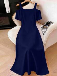 Elenzga Plus Size Elegant Solid Color Off-Shoulder Wrap Dress, Summer - Navy Blue - View 2