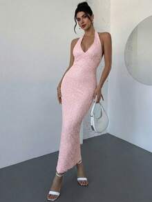 Firerie Elegant Romantic V-Neck Sleeveless Textured Bodycon Maxi Dress, Suitable For Date Nights, Spring/Summer,Summer Dresses For Women - Baby Pink - View 6