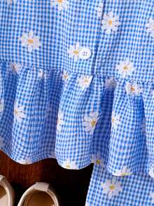 女童（小号）蓝色格子雏菊印花无袖荷叶边上衣和直筒裤两件套，夏季休闲乡村风套装 - 藍色 - 查看 5