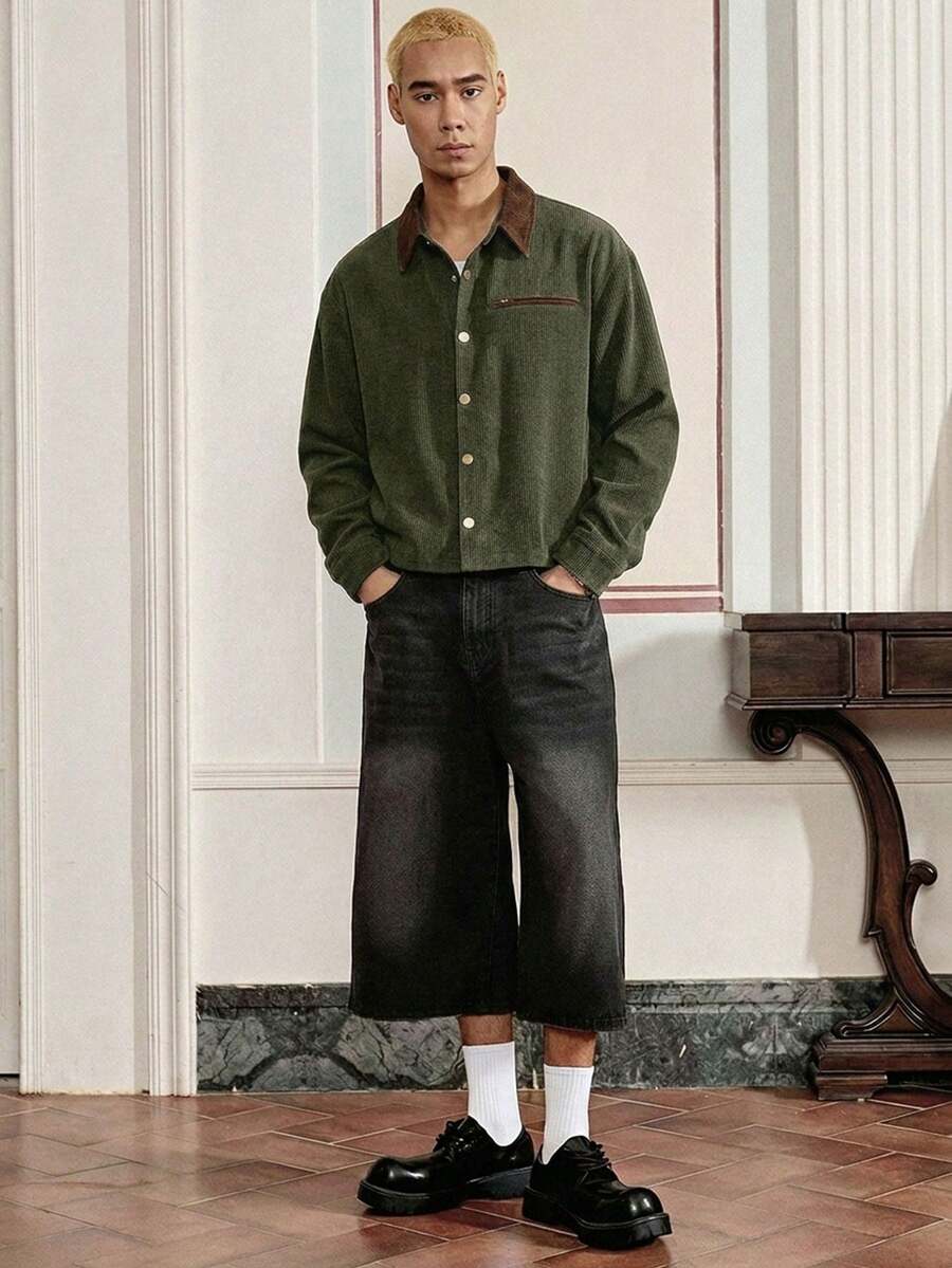 SWAVVY Men's Casual Vintage Contrast Color Button Front Shacket - Olive Green - View 1