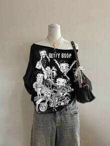 Attitoon Betty Boop x SHEIN 休闲复古朋克 Y2K 百搭派对单色做旧摩托车英文字母图案T恤，适合音乐节、哥特风、夏季外出，女士露肩宽松短袖T恤 - 彩色 - 查看 4