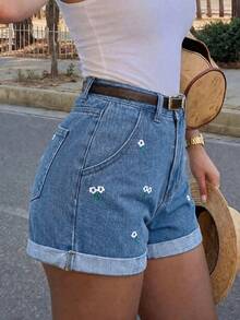 Rivivi 女士休闲日常牛仔短裤，带口袋，花卉刺绣图案 - 中等水洗藍 - 查看 3