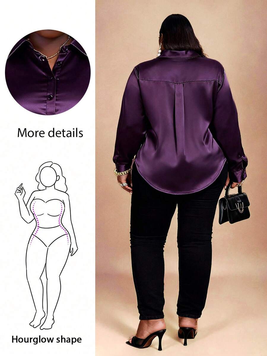 CurvyTilda 加大码缎纹府绸纽扣衬衫，女士办公室服装 - 紫色 - 查看 1