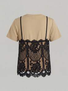 SHEIN Tall CURVE Áo thun tay ngắn cổ tròn phối ren trắng cỡ lớn mùa hè (2 trong 1) - màu nâu - Xem 2