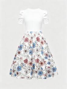 SHEIN Franclia 女款圓領泡泡袖花卉印花優雅中長洋裝，夏季 - 白色 - 查看 2