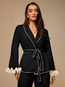 Silquee Conjunto de pijama de mujer con volantes de color contrastante, ropa de otoño e invierno - Negro - Ver 4