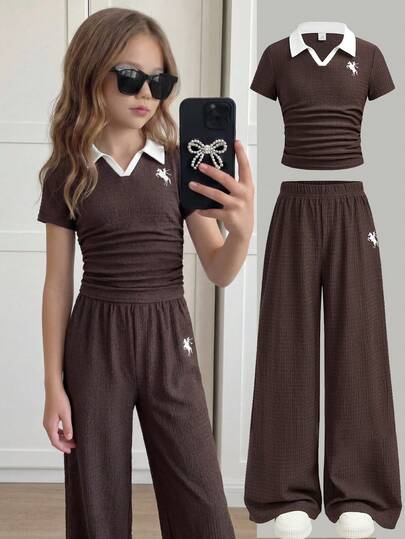 Girlism Conjunto de 2 piezas de camiseta de jacquard con cuello polo y olas y leggings para niñas preadolescentes, moda casual versátil, adecuado para ir al trabajo, elegante, para fiestas, citas, reuniones familiares, graduación, vacaciones