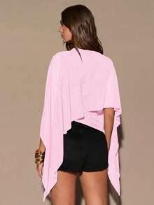 SHEIN BAE Poncho de mujer de color marrón con cuello de chal, parte superior de suéter ajustada con pliegues, blusa de punto elegante para otoño/invierno - Rosa Pálido - Ver 2