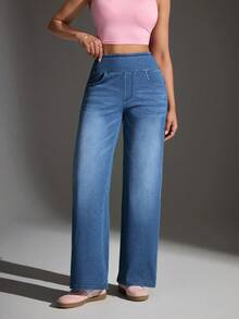 Flexra Women's Loose Straight Basic Stretch Jeans With Embroidered Bowknot - Medium Wash - View 4