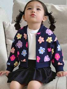 SHEIN Elladie kids 女童時尚拼色字母印花短版寬鬆立領拉鍊機車棒球夾克，職業日、返校季秋季少女款 - 彩色 - 查看 1