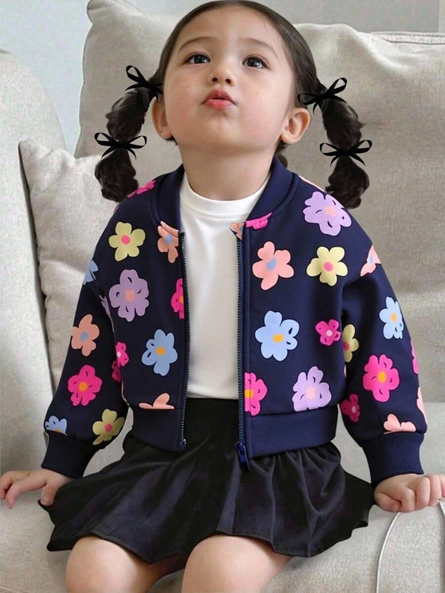 SHEIN Elladie kids 女童時尚拼色字母印花短版寬鬆立領拉鍊機車棒球夾克，職業日、返校季秋季少女款 - 彩色 - 查看 1