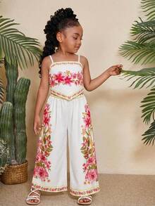 Travachic KIDS 2pcs Young Girl Ditsy Floral Camisole Top And Loose Casual Pants Set - Pink - View 3