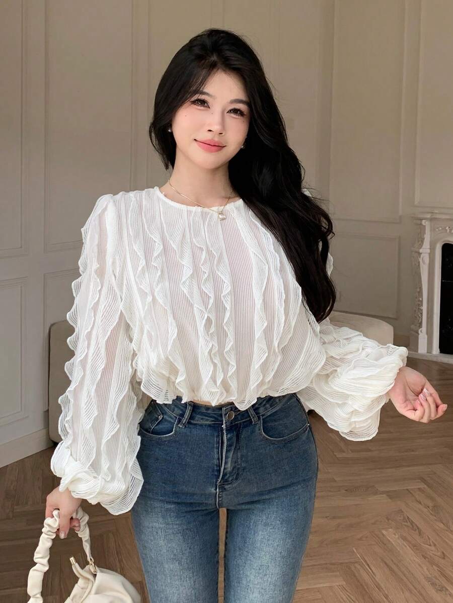 Modelyn 新款提花杏色女式衬衫 - 杏色 - 查看 1